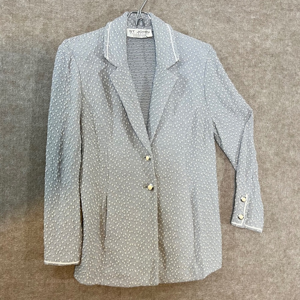 Vintage St. John Knit Blazer S Women Blue White Pointelle Santana Knit Old Money